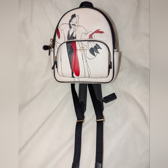 Disney X Coach Mini Court Leather Backpack With Cruella Motif Chalk White EUC - Picture 2 of 14